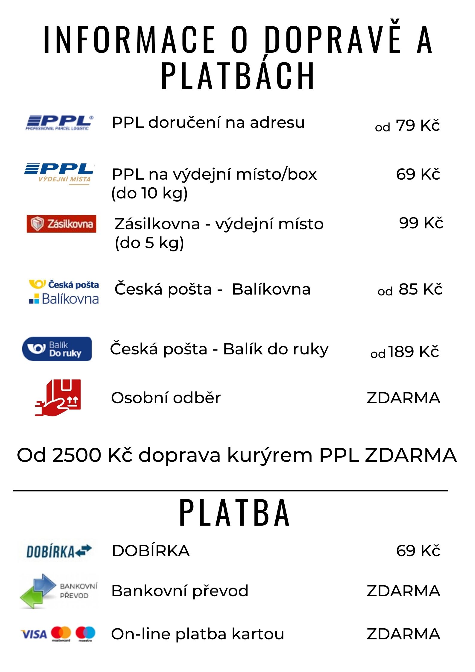 Informace o dopravě a platbách